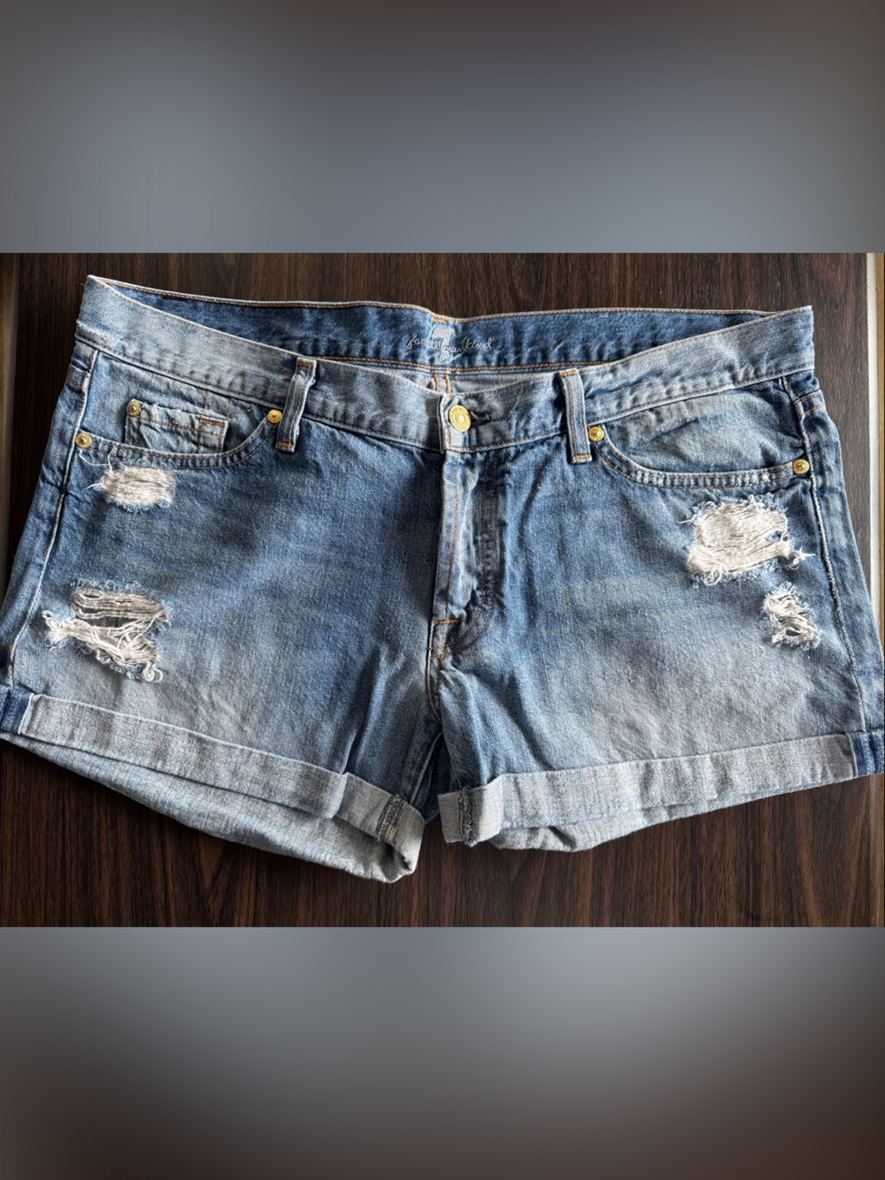 7 for all Mankind Women's Distressed Light Blue Denim Shorts